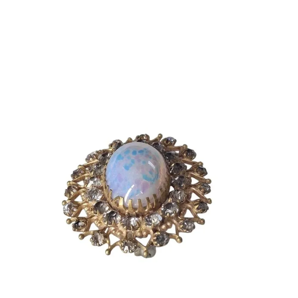 Vintage Gold Tone Brooch with Faux Opal Center & Clear Rhinestones | Unsigned Mi